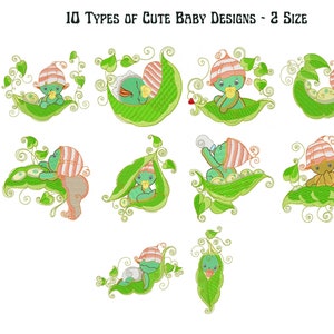Puede incluir: Diez diseños de bordado diferentes de un bebé en una vaina de guisante. Cada diseño presenta una pose diferente del bebé, incluyendo dormir, comer y jugar. Los diseños están en dos tamaños y son perfectos para crear regalos de bebé personalizados.