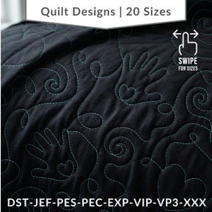 May include: A black fabric quilt featuring teal stitched patterns of hands with heart-shaped palms and swirling lines. The top text reads Quilt Designs | 20 Sizes, with a swipe icon and the bottom text lists file formats DST-JEF-PES-PEC-EXP-VIP-VP3-XXX.