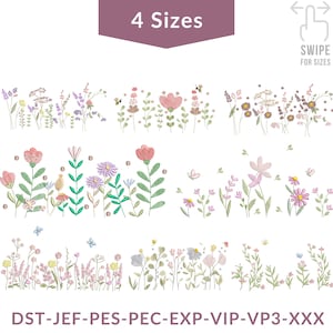 May include: An image showcasing four floral embroidery designs in various styles. The designs feature colorful flowers, leaves, and butterflies. The text "4 Sizes" is at the top, with "SWIPE FOR SIZES" and file type abbreviations at the bottom.