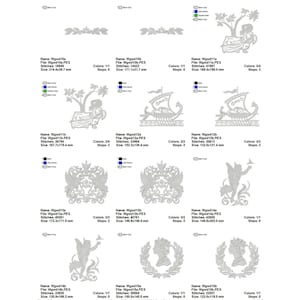 May include: A set of 10 embroidery designs featuring various motifs, including a tree, a ship, a crest, a fairy, and a wreath. The designs are in black and white and are suitable for embroidery projects.