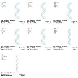 May include: A collection of embroidery designs featuring a scalloped border pattern. Each design is displayed with its file name, stitch count, size in millimeters, and color information. The designs use shades of blue, white, and yellow.