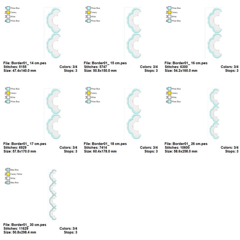 May include: A collection of embroidery designs featuring a scalloped border pattern. Each design is displayed with its file name, stitch count, size in millimeters, and color information. The designs use shades of blue, white, and yellow.