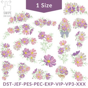 Può includere: Una collezione di ricami di fiori di cosmo in varie composizioni. I fiori presentano sfumature di rosa, viola e giallo con steli e foglie verdi. Il testo "1 Size" è in alto e "SWIPE FOR SIZES" a sinistra. Sotto ci sono le abbreviazioni dei tipi di file.
