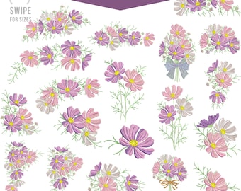 Conjunto de diseños de bordado de flores Cosmos / Patrones de bordado floral a máquina (1 talla)