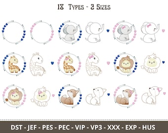 Baby Animals Machine Embroidery Design, Floral Animals Machine Embroidery Design, Flower Frame embroidery pattern, 2 Sizes, Instant download