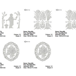 May include: Four embroidery designs in gray, featuring a person holding a lantern, a floral design, and two different ornate frames. The designs are labeled with names and file types, along with stitch counts and sizes in millimeters.