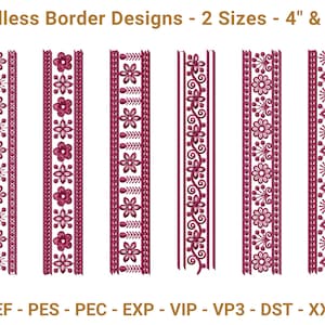May include: A collection of six embroidered border designs in shades of burgundy, featuring floral and geometric patterns. The text "Endless Border Designs - 2 Sizes - 4" & 10"" is displayed at the top. The bottom of the image lists various file formats.