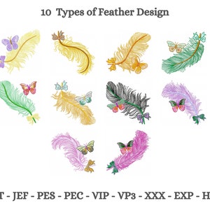 Feather Embroidery Design - Machine Embroidery Pattern - 10 Types - Instant Download