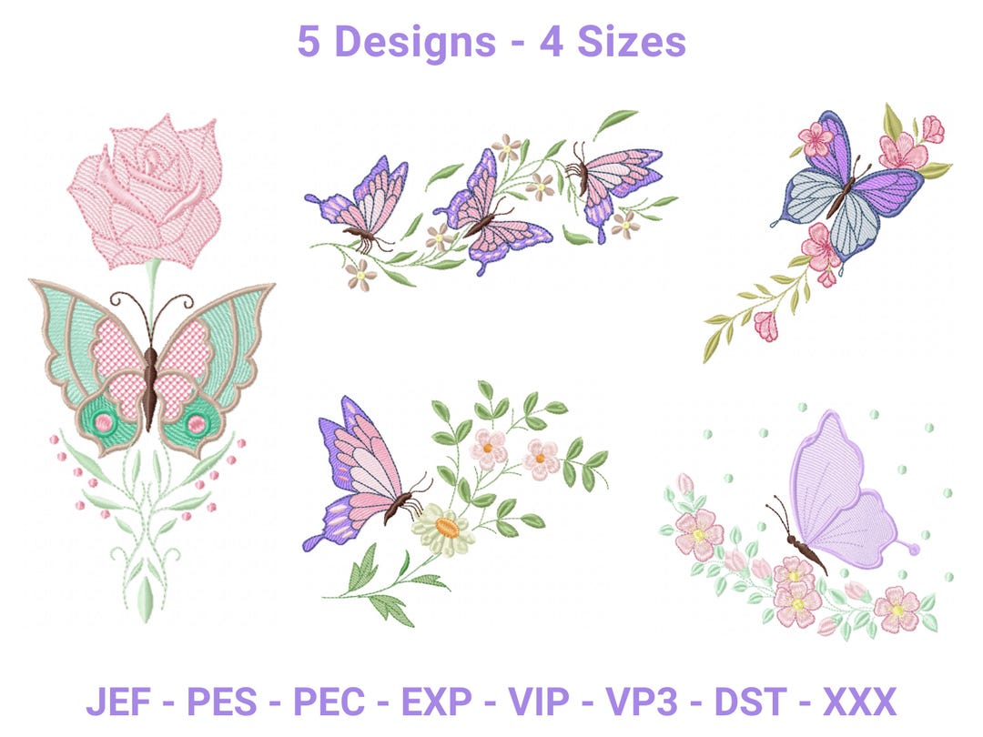 Butterfly and Floral Embroidery Designs – 5 Patterns in 4 Sizes – Rose ...