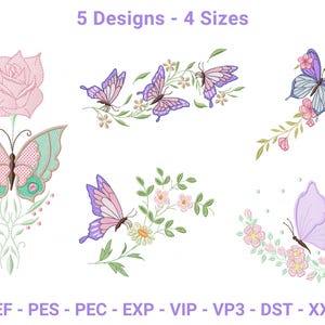 Può includere: Immagine che mostra cinque disegni di farfalle ricamate con elementi floreali. I disegni utilizzano rosa, viola, verde e bianco. Il testo "5 Designs - 4 Sizes" è in alto. Formati di file di ricamo.