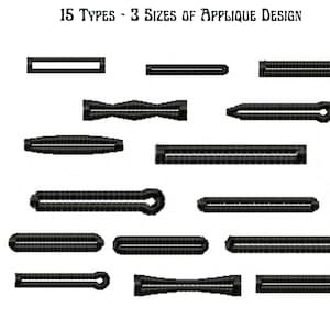 Puede incluir: Un gráfico que muestra 15 tipos de archivos de bordado diferentes y 3 tamaños de diseños de aplique. Los tipos de archivos son JEF, DST, EXP, VIP, VP3, PES, PEC, HUS y XXX.