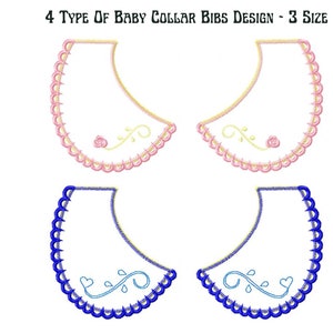May include: Four embroidery designs for baby bibs. The designs feature a pink rose, a blue heart, and a scalloped edge. The designs are available in three sizes.
