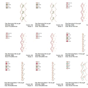 May include: A set of 10 embroidery designs for a lace trim. The designs feature a variety of floral and geometric patterns in shades of pink, green, and white. The designs are available in multiple sizes, ranging from 18 to 30 centimetres.