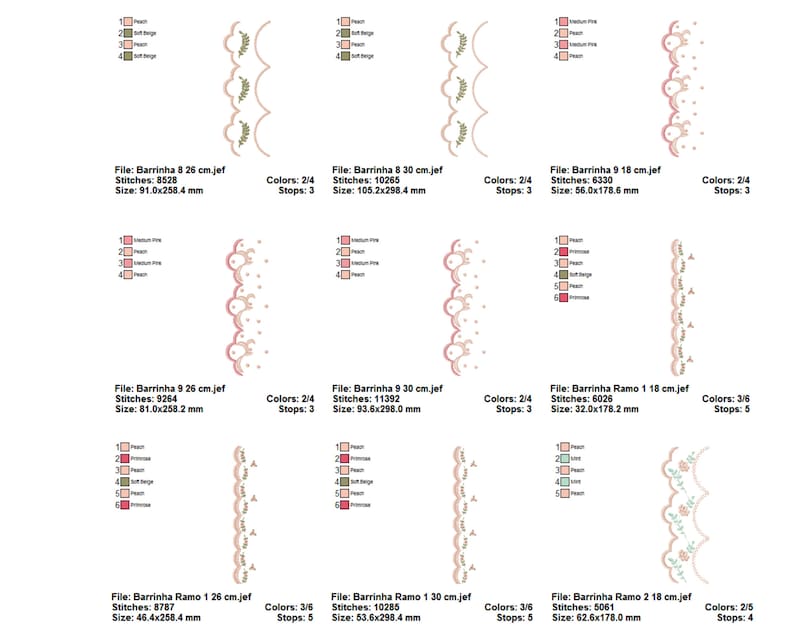 May include: A set of 10 embroidery designs for a lace trim. The designs feature a variety of floral and geometric patterns in shades of pink, green, and white. The designs are available in multiple sizes, ranging from 18 to 30 centimetres.