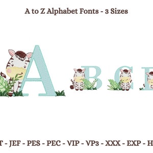 Zibra アルファベット刺繍デザイン、ベビー Zibra フォント機械刺繍デザイン、花柄アルファベット刺繍パターン、3 サイズ、即時ダウンロード