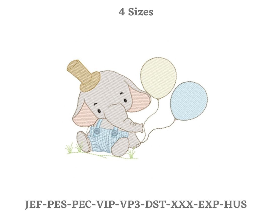 Elephant Holding Balloons Embroidery Design - Baby Animal - Machine ...