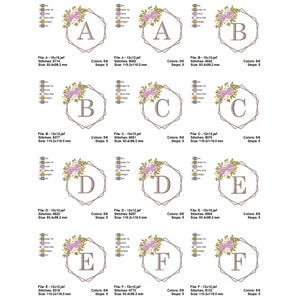 May include: A set of six embroidery designs featuring floral wreaths with a geometric frame and a letter in the center. The letters are A, B, C, D, E, and F. The flowers are pink and white, and the frames are gray.