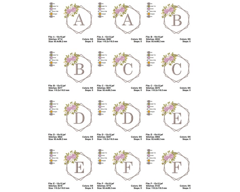 May include: A set of six embroidery designs featuring floral wreaths with a geometric frame and a letter in the center. The letters are A, B, C, D, E, and F. The flowers are pink and white, and the frames are gray.