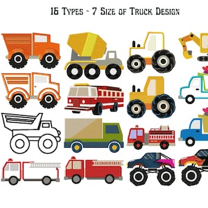 May include: A set of 16 embroidery designs featuring different types of trucks in various sizes. The designs include a cement mixer, a dump truck, a fire truck, a monster truck, and a tractor. The designs are in a variety of colors, including red, blue, green, yellow, and orange.