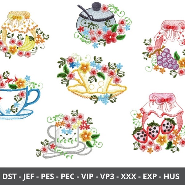 Teapot & Fruits Machine Embroidery Design, Flower Teapot Machine Embroidery Design, Floral Teacup embroidery pattern, Instant download