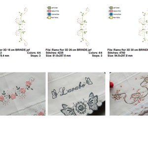 May include: Three embroidery designs featuring a floral vine with pink flowers and green leaves. The designs are labelled with the file name, stitch count, size in millimetres, and colour count. The designs are suitable for embroidery projects on towels, linens, or other fabric items.