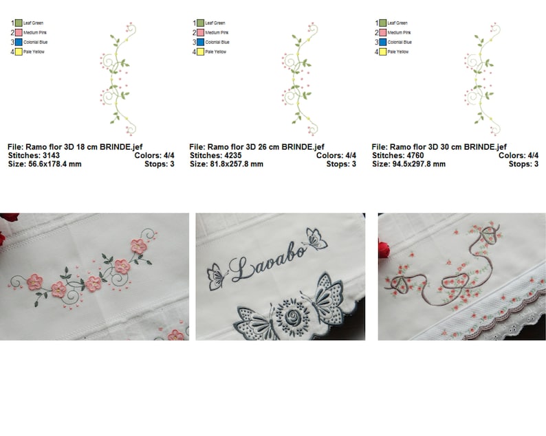 May include: Three embroidery designs featuring a floral vine with pink flowers and green leaves. The designs are labelled with the file name, stitch count, size in millimetres, and colour count. The designs are suitable for embroidery projects on towels, linens, or other fabric items.