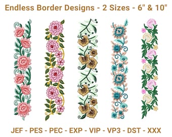 May include: Embroidered floral border designs in various styles. The image shows five vertical designs with flowers and leaves in shades of pink, yellow, teal, and brown. The text at the top reads "Endless Border Designs - 2 Sizes - 15cm & 25cm".