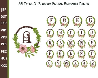 Floral Alphabet Stickerei, Hochzeitskonzept Schriftdesign im Blumenrahmen Maschinenstickerei, 1 Größen, sofort download
