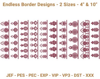 May include: Embroidered border designs in burgundy, showcasing floral and geometric patterns. The designs are presented in vertical strips, with the text "Endless Border Designs - 2 Sizes - 4" & 10"" at the top. The bottom of the image displays file formats.