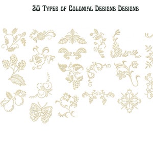 Pode incluir: 20 Tipos de Desenhos Coloniais. Uma coleção de 20 desenhos de bordado diferentes com motivos florais e de videiras em bege.