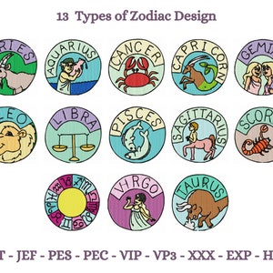 Zodiac Embroidery Design - Astrology Machine Embroidery Pattern - 13 Types - Instant Download