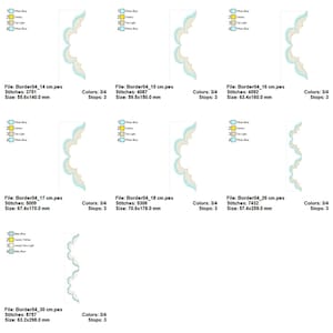 May include: A collection of machine embroidery border designs in various sizes. Each design features a scalloped edge with a light blue and tan color scheme. The file names and dimensions are included.