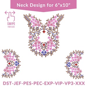 May include: A floral neck design for embroidery, featuring pink flowers, brown leaves, and blue accents. The design is labeled "Neck Design for 6"x10"" and includes a "SWIPE FOR SIZE" prompt. The design is suitable for various embroidery machines.