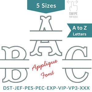 Puede incluir: Imagen que muestra una fuente de apliques con las letras A, B, C y D. El diseño incluye el texto "Applique Font" en escritura roja, junto con las frases "5 Sizes" y "A to Z Letters". La imagen también muestra formatos de archivo.
