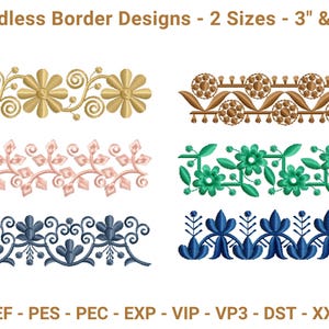 Puede incluir: Imagen con seis diseños de bordes bordados en varios colores, incluyendo dorado, marrón, rosa, verde y azul. Los diseños son florales y geométricos. El texto en la parte superior dice "Endless Border Designs - 2 Sizes - 3" & 6"", y en la parte inferior, enumera formatos de archivos de bordado. Las medidas son 7.62 cm y 15.24 cm.