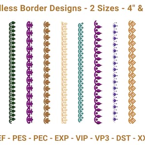 Könnte beinhalten: Das Bild zeigt neun vertikale Bordürendesigns in verschiedenen Farben, darunter Grün, Lila, Braun und Gold. Die Designs sind in zwei Größen erhältlich, 10 cm und 25 cm. Der Text "Endless Border Designs" befindet sich oben.