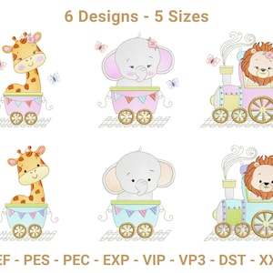 May include: An illustration featuring six designs of cute animals in pastel-colored train cars. The animals include a giraffe, elephant, and lion. The text at the top reads "6 Designs - 5 Sizes". Below are file format abbreviations.
