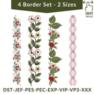 Può includere: Quattro disegni di bordi ricamati con motivi floreali e in pizzo. I bordi presentano fiori rossi, rosa, bianchi e gialli con foglie verdi. Il testo "4 Border Set - 2 Sizes" è in alto.