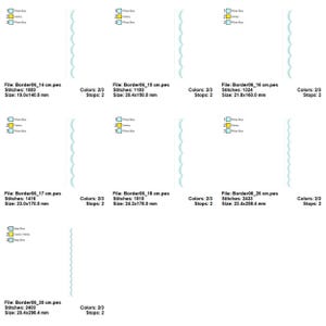 May include: A collection of machine embroidery designs featuring a scalloped border pattern. Each design is labeled with file names, stitch counts, and dimensions in millimeters. The color palette includes shades of blue and yellow.