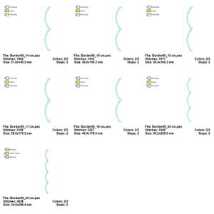 May include: A collection of light blue decorative border designs. Each design is a unique, repeating pattern. The file names, stitch counts, and sizes in millimeters are displayed below each design. The designs are for embroidery.