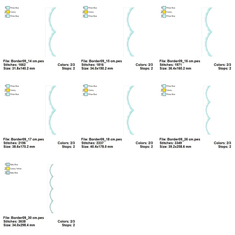 May include: A collection of light blue decorative border designs. Each design is a unique, repeating pattern. The file names, stitch counts, and sizes in millimeters are displayed below each design. The designs are for embroidery.
