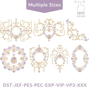 Baroque Floral Monogram Frame Machine Embroidery Design Bundle, Vintage Scroll Border Set, Elegant Wreath Embroidery File, 8 Designs 4 Sizes