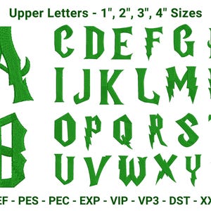 Desenhos de bordado do alfabeto gótico com relâmpagos – 26 letras maiúsculas em 4 tamanhos | Fonte inspirada em Harry | Arquivos de bordado à máquina