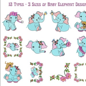 Adorable Baby Elephant Embroidery Designs - 12 Types, 3 Sizes - Digital Download in Multiple Formats (JEF, DST, PES, and More)