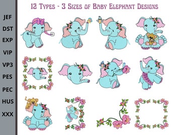 Baby Elephant Embroidery Design - Machine Embroidery Pattern - 12 Types - Instant Download