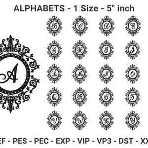 May include: Black and white alphabet embroidery designs. Each letter is displayed in a decorative frame. The text "ALPHABETS - 1 Size - 5" inch" is at the top. The image includes various file formats.