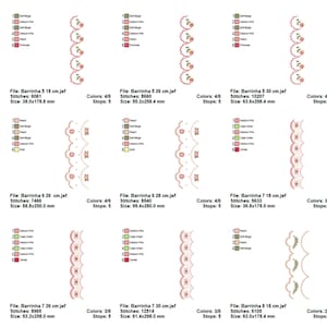 May include: A set of 10 embroidery designs featuring delicate floral borders with pink, peach, green, and beige colours. The designs are available in various sizes, ranging from 5.18 cm to 8.18 cm.