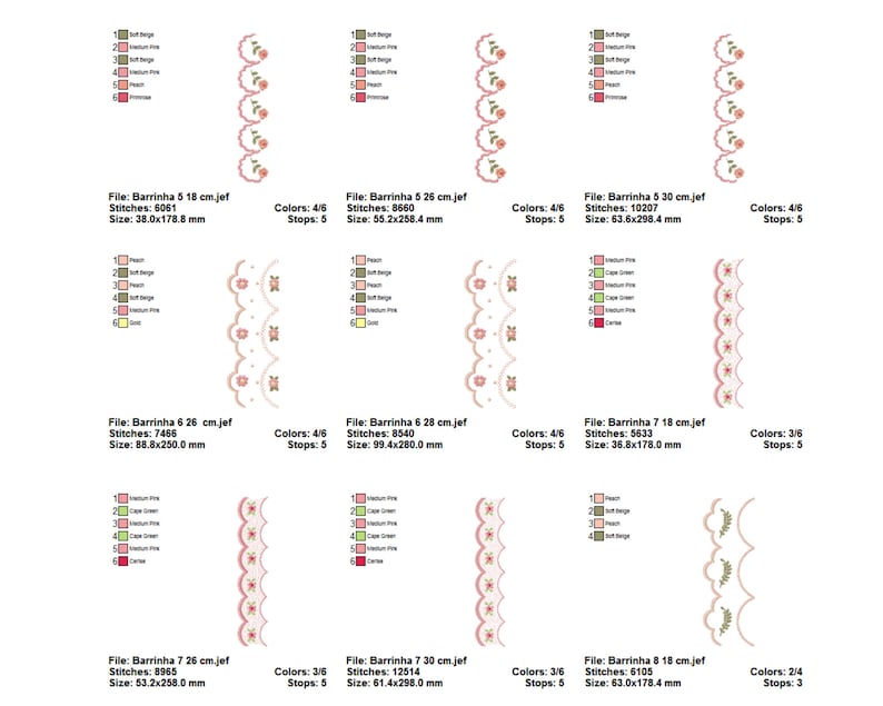 May include: A set of 10 embroidery designs featuring delicate floral borders with pink, peach, green, and beige colours. The designs are available in various sizes, ranging from 5.18 cm to 8.18 cm.
