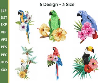 Tropical Bird Machine Embroidery Designs, Exotic Parrot and Floral Embroidery Files, 6 Types, 3 Sizes, Instant Download