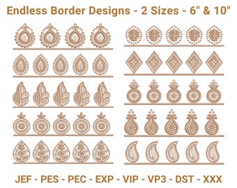 May include: Tan embroidery border designs in various patterns, including floral, teardrop, and geometric shapes. The text "Endless Border Designs - 2 Sizes - 6" & 10"" is displayed at the top. The designs are arranged in rows. The sizes are 15.24cm and 25.4cm.